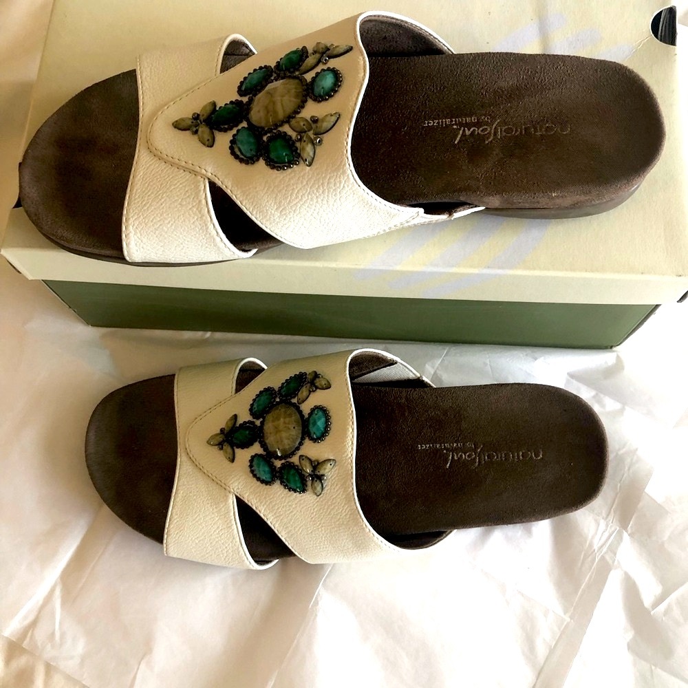 Women's White and Green Embellished Comfort Sandals - Picture 4 of 10